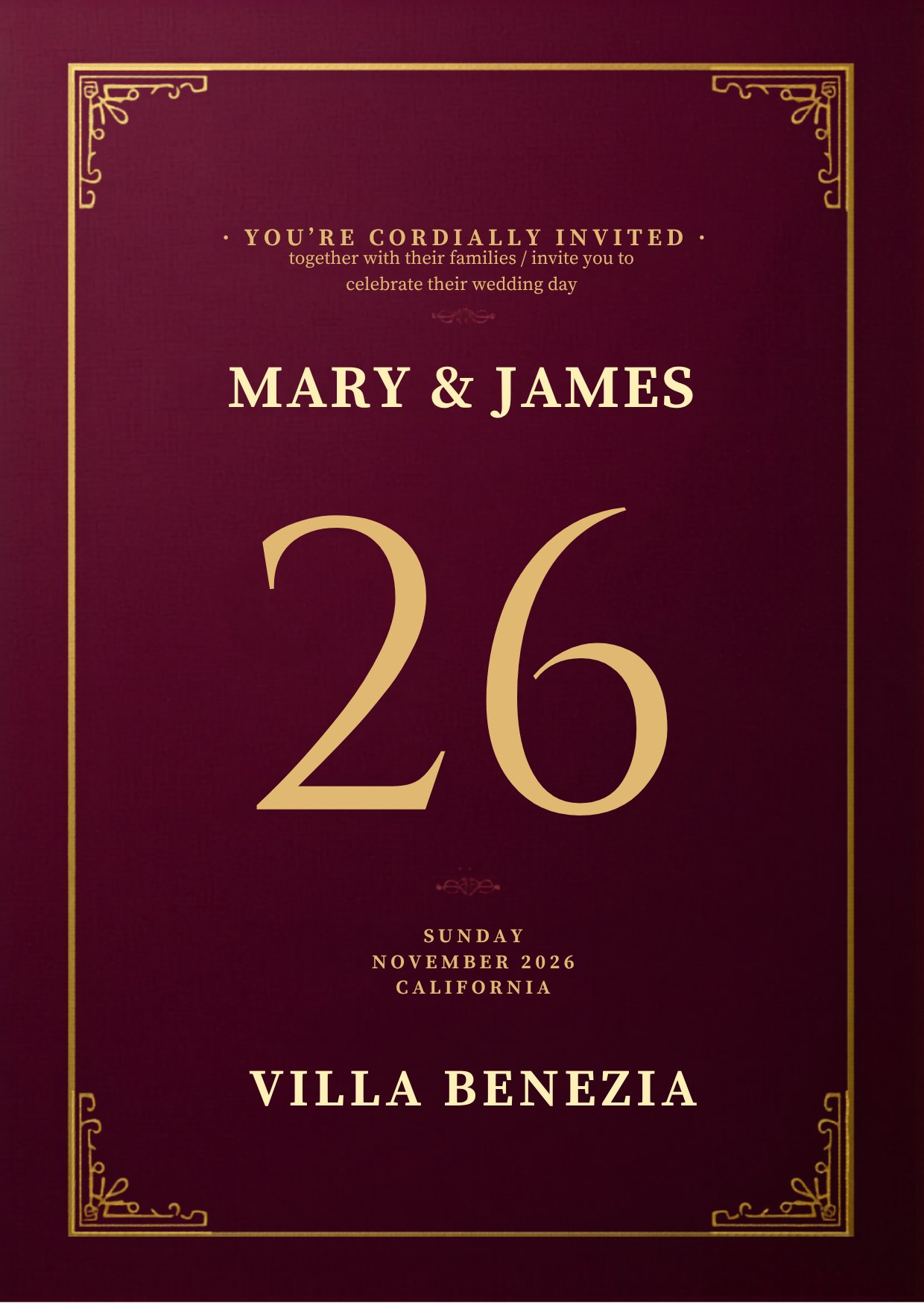 Burgundy and gold wedding invitation Canva template.