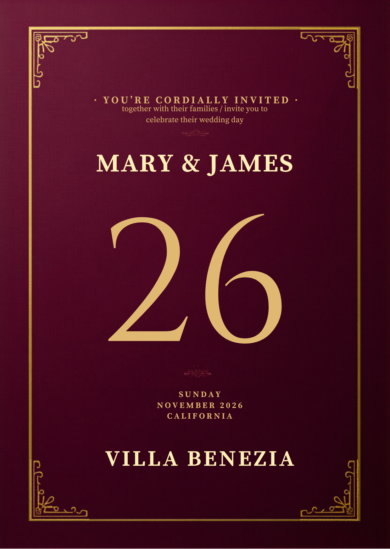 Burgundy and gold wedding invitation Canva template.