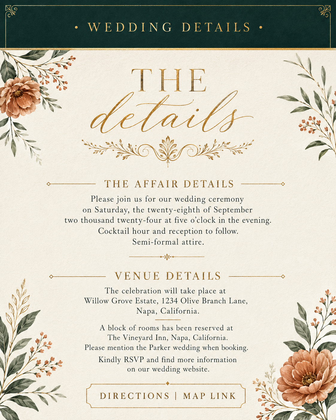 Green and Terracotta invitation preview.
