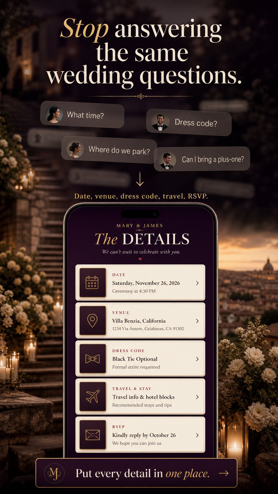 Custom wedding website shown on a phone with details and RSVP.