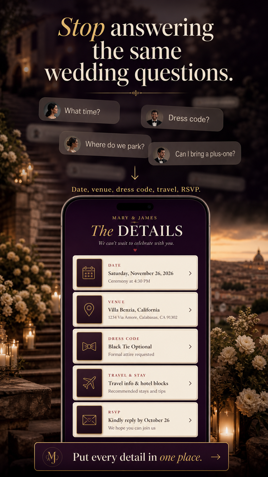 Custom wedding website shown on a phone with details and RSVP.