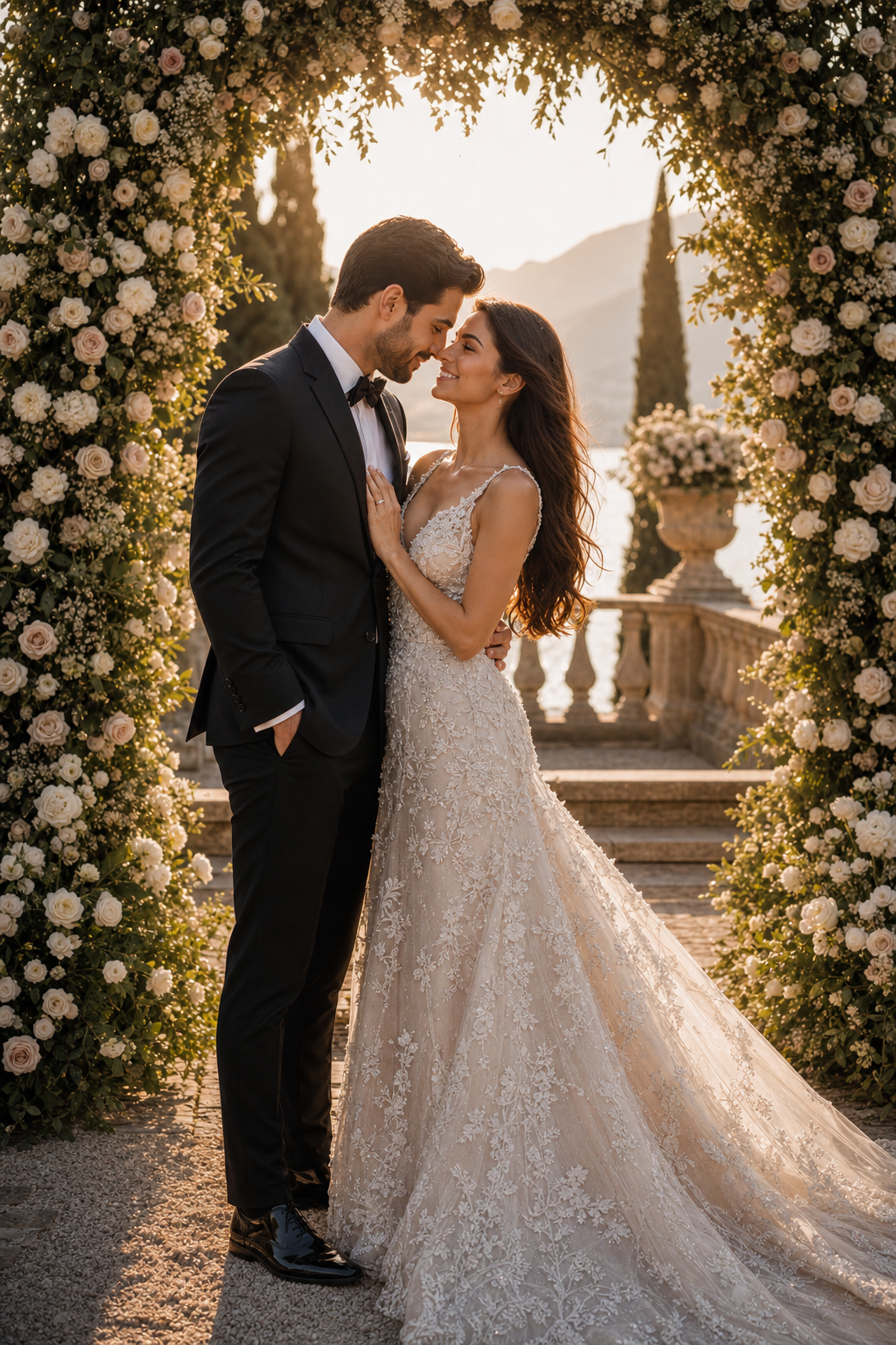 Mary and James beneath a floral arch at golden hour.