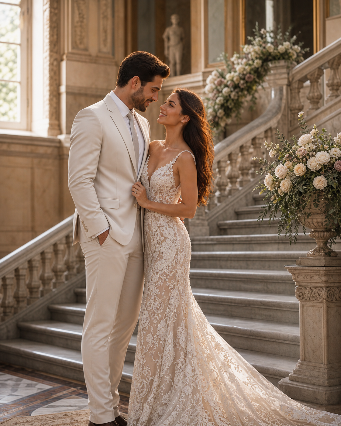 The couple on the marble stairs.