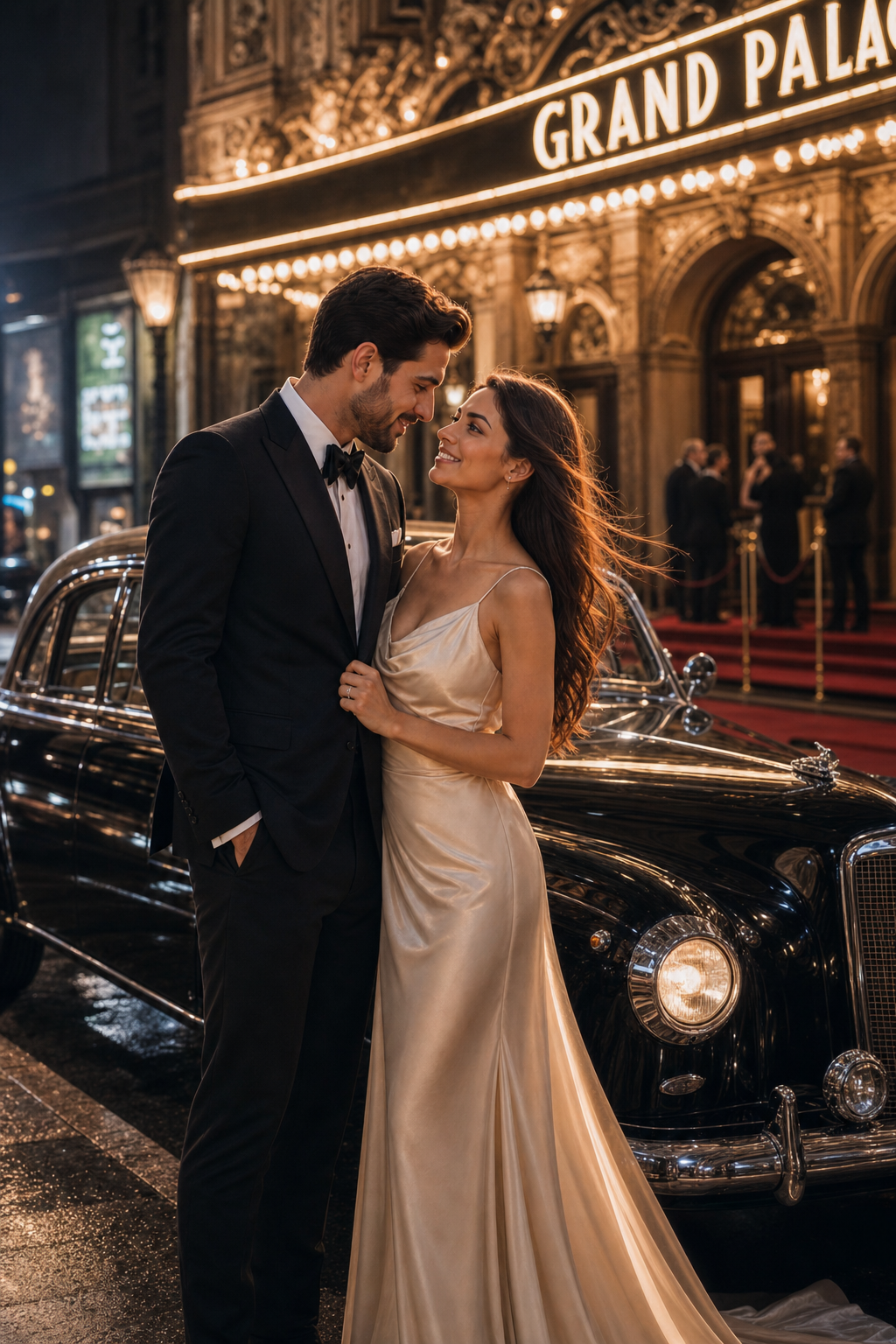 Evening portrait by a vintage car outside the Grand Palace.