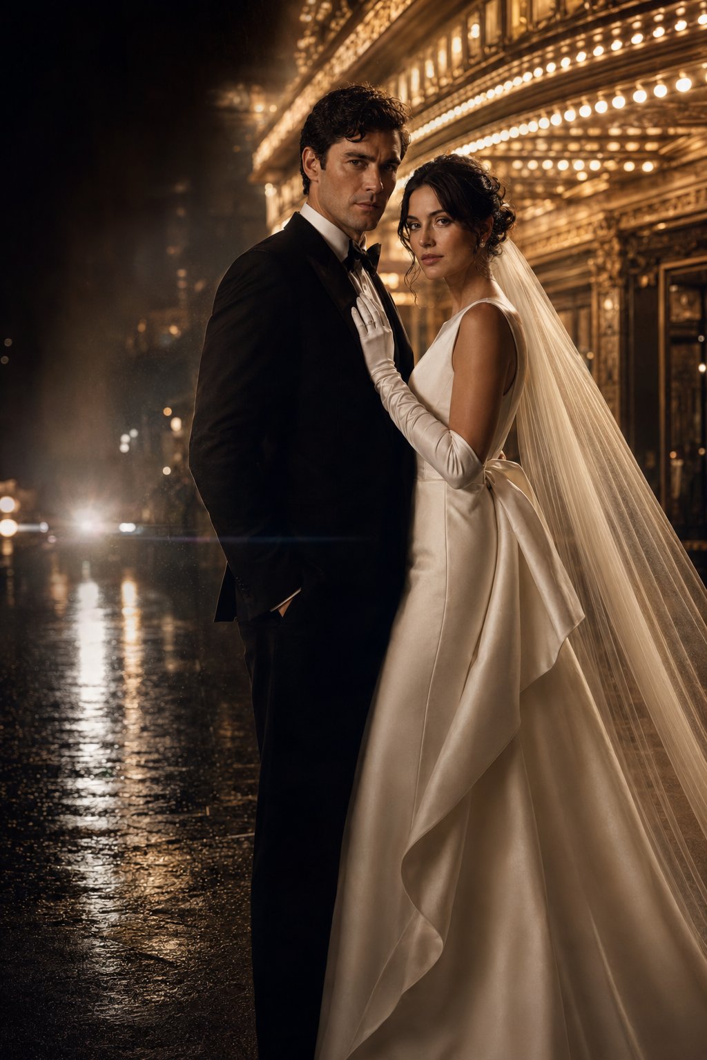 The couple on a rain-lit city street at night beneath theatre lights