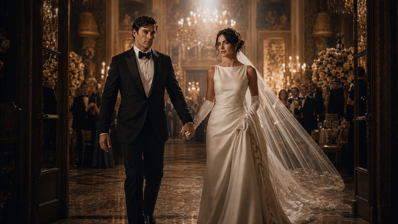 The couple walking hand in hand into the grand ballroom