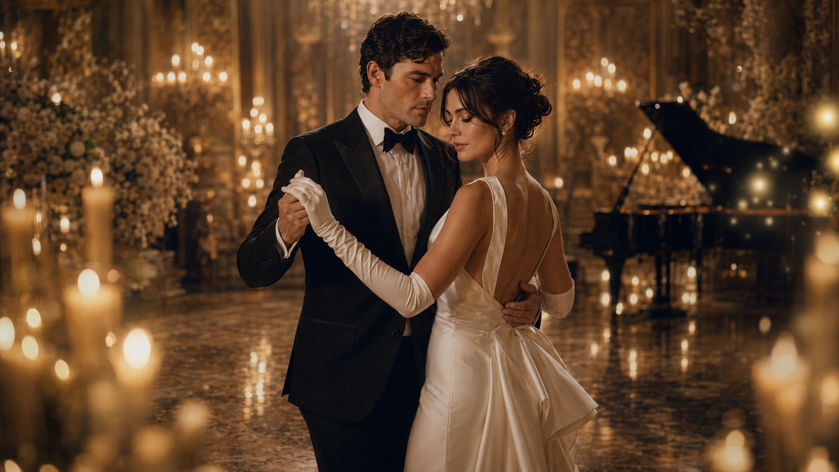 The couple sharing their first dance in a candlelit ballroom