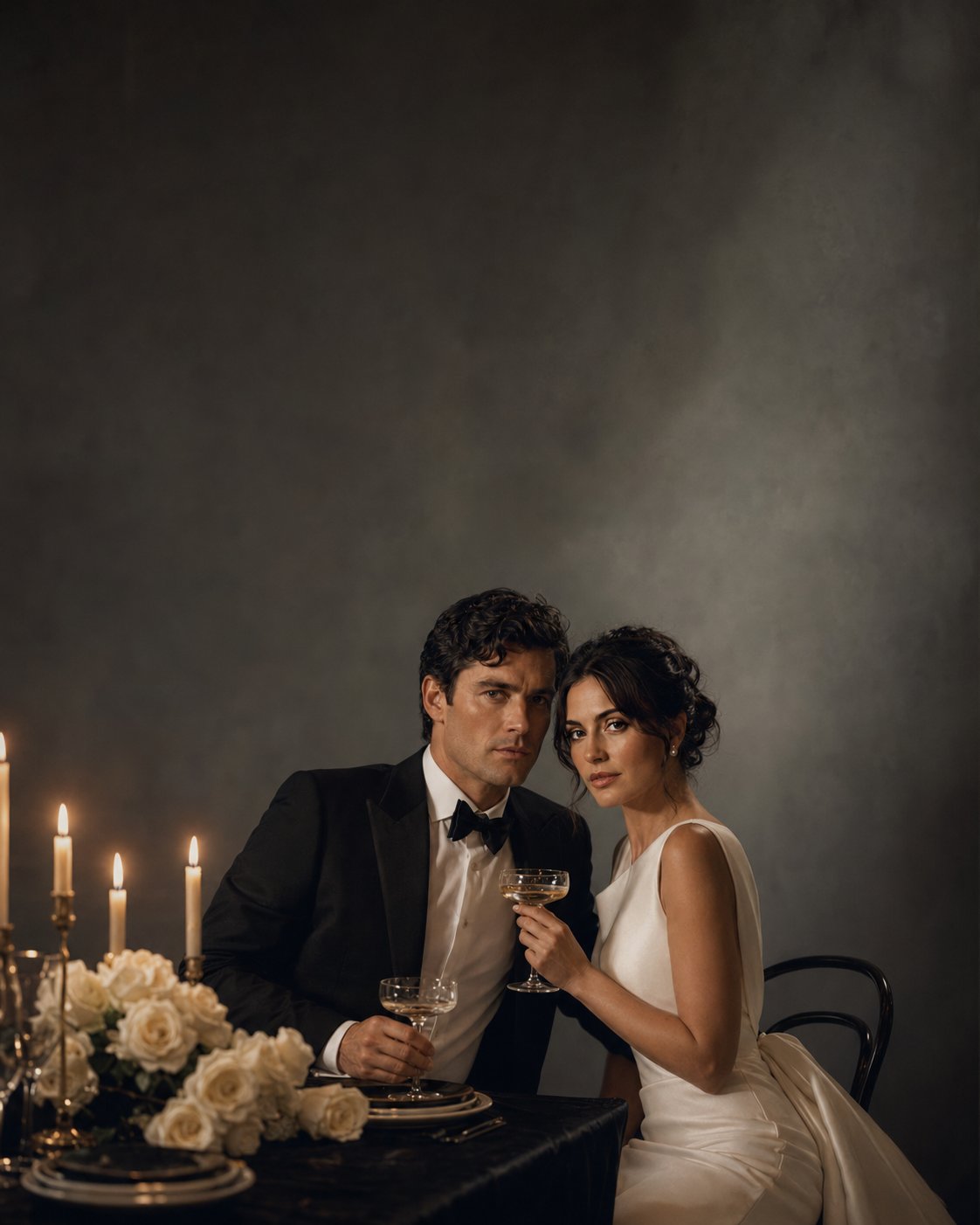 The couple sharing champagne at a candlelit reception table