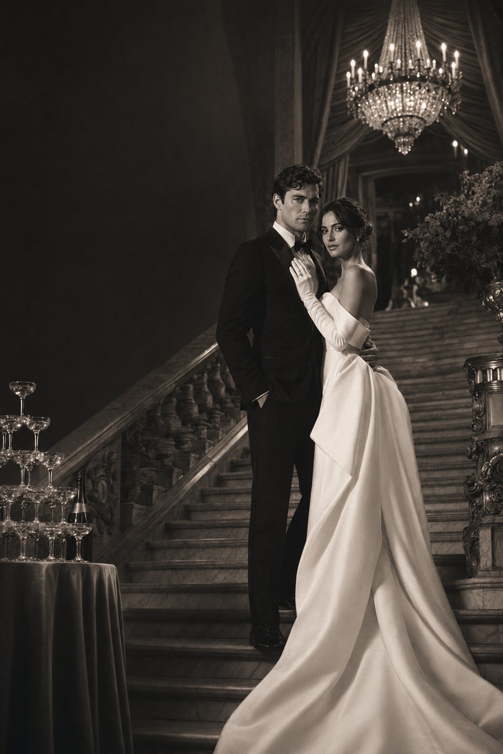 The couple on a grand marble staircase beside a champagne tower