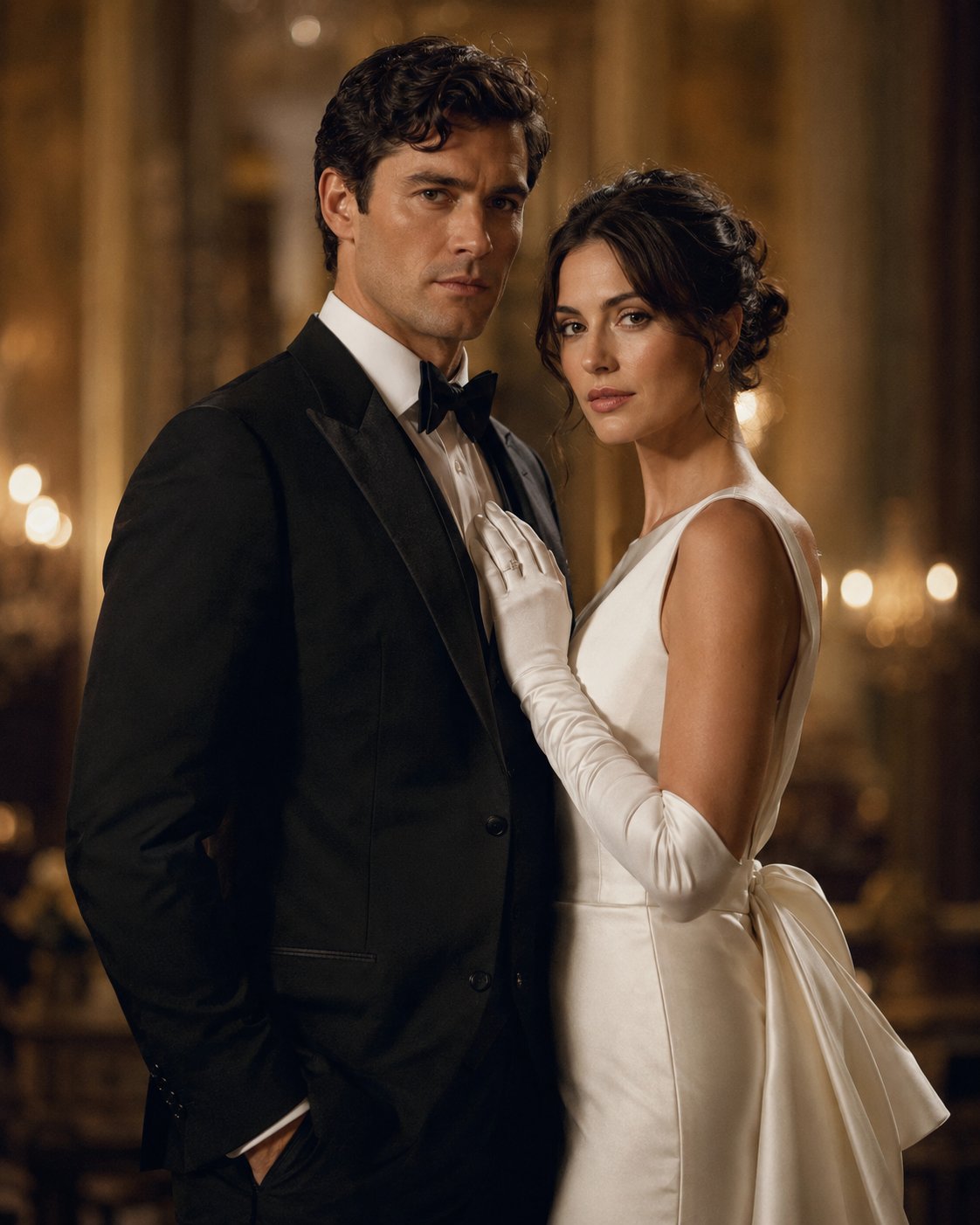 The couple in black-tie formalwear in a warm, candlelit ballroom