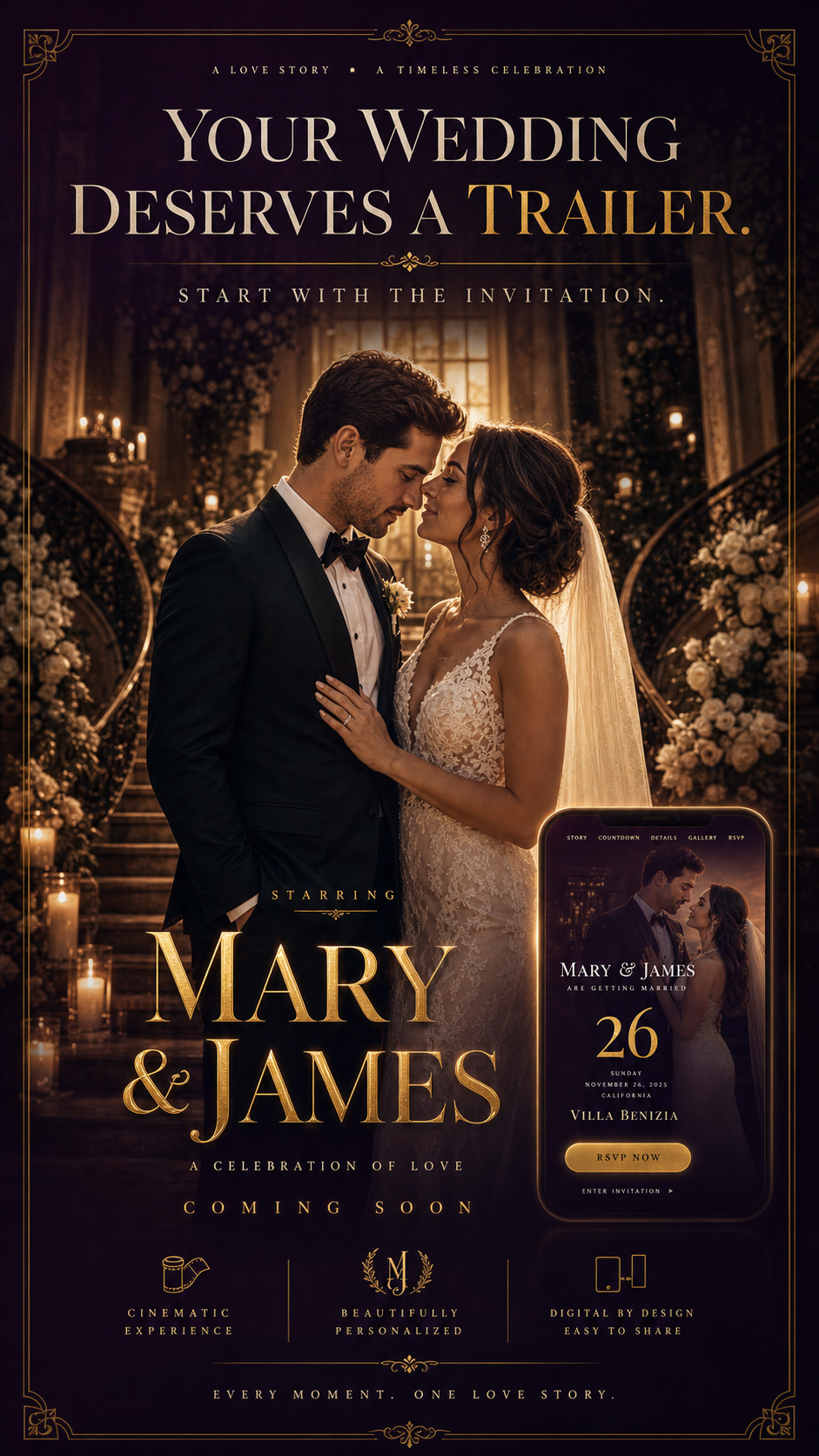 Wedding website promotional preview with phone mockup.