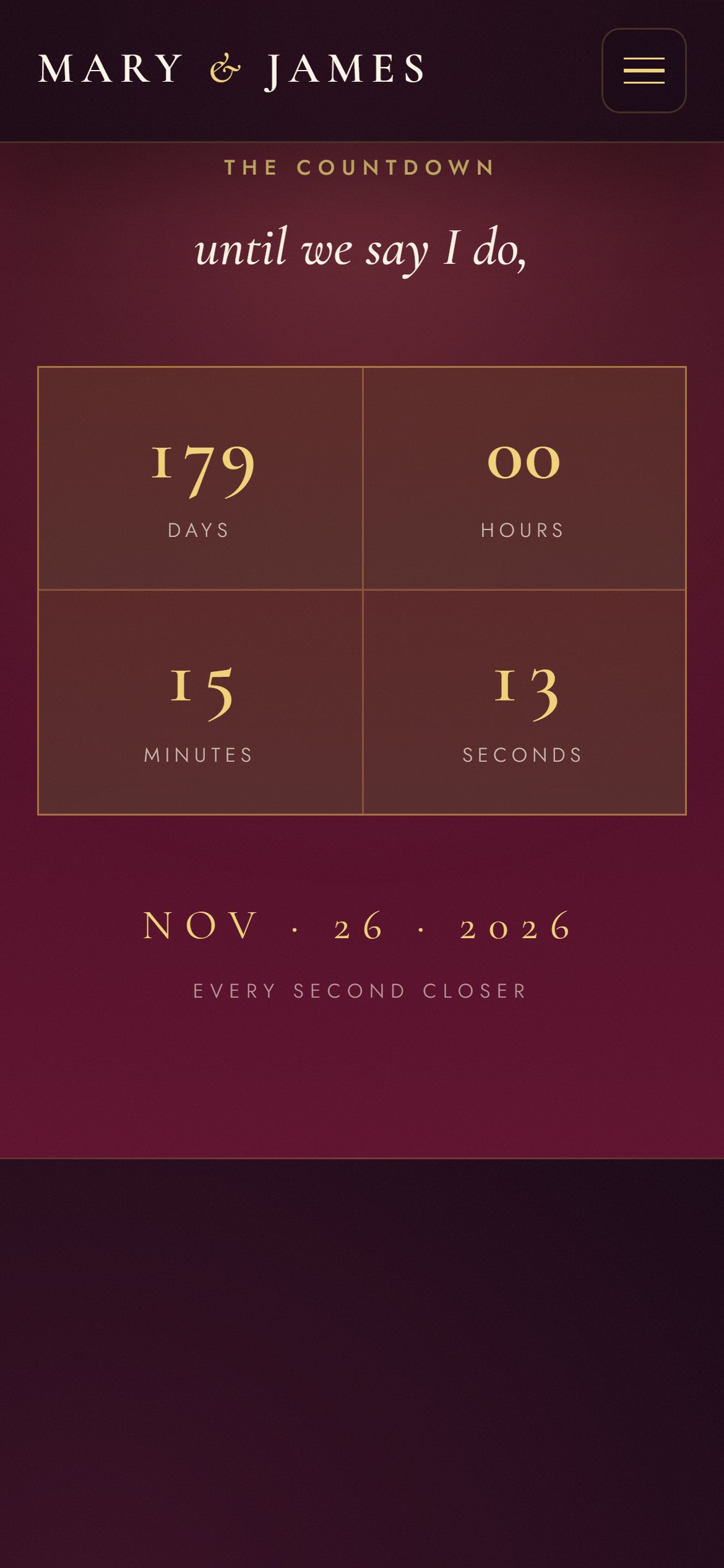 The animated countdown of the example wedding website on mobile.