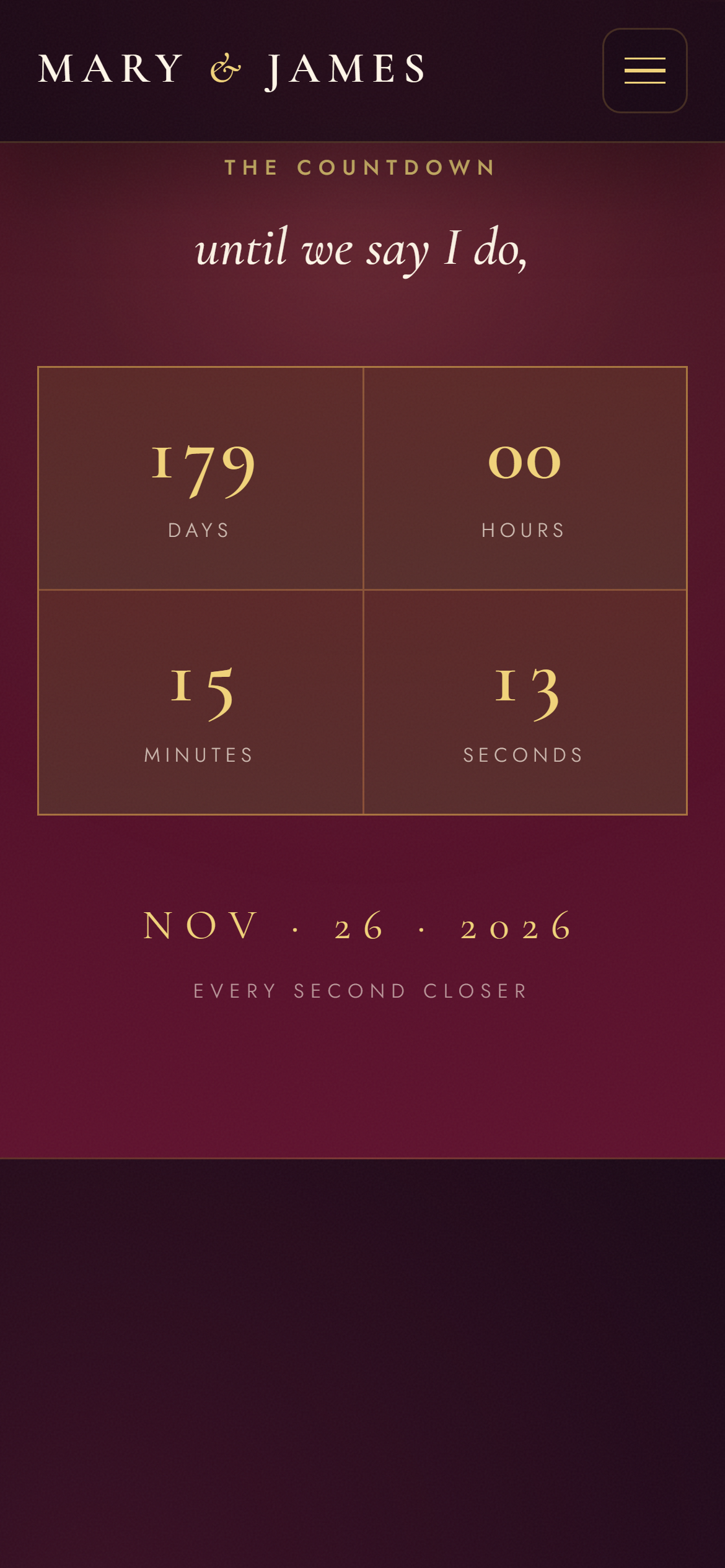 The animated countdown of the example wedding website on mobile.