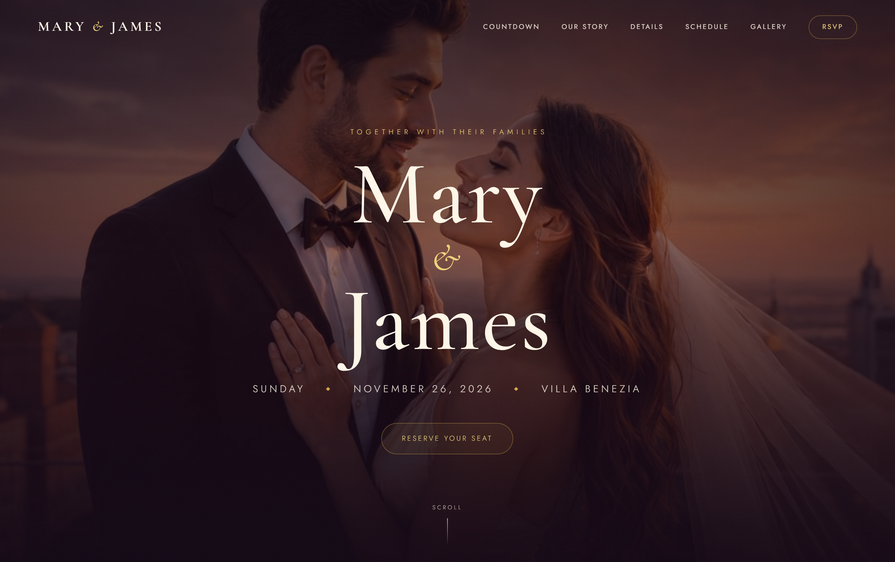 The Mary & James example wedding website hero on desktop.