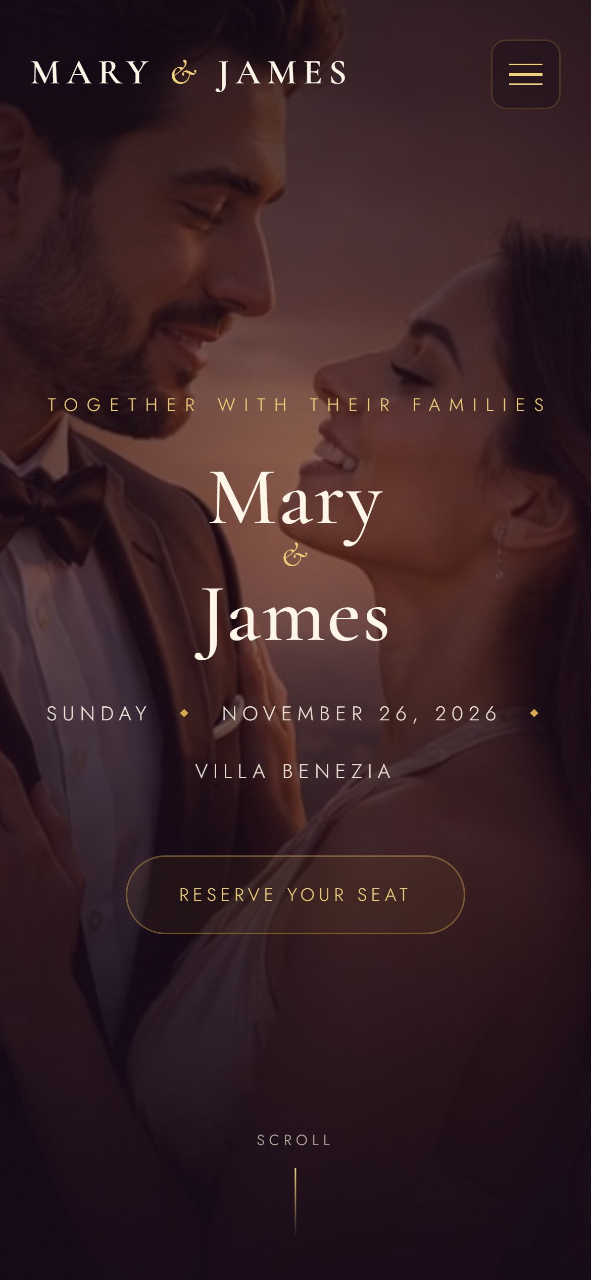 The Mary & James example wedding website shown on a phone.
