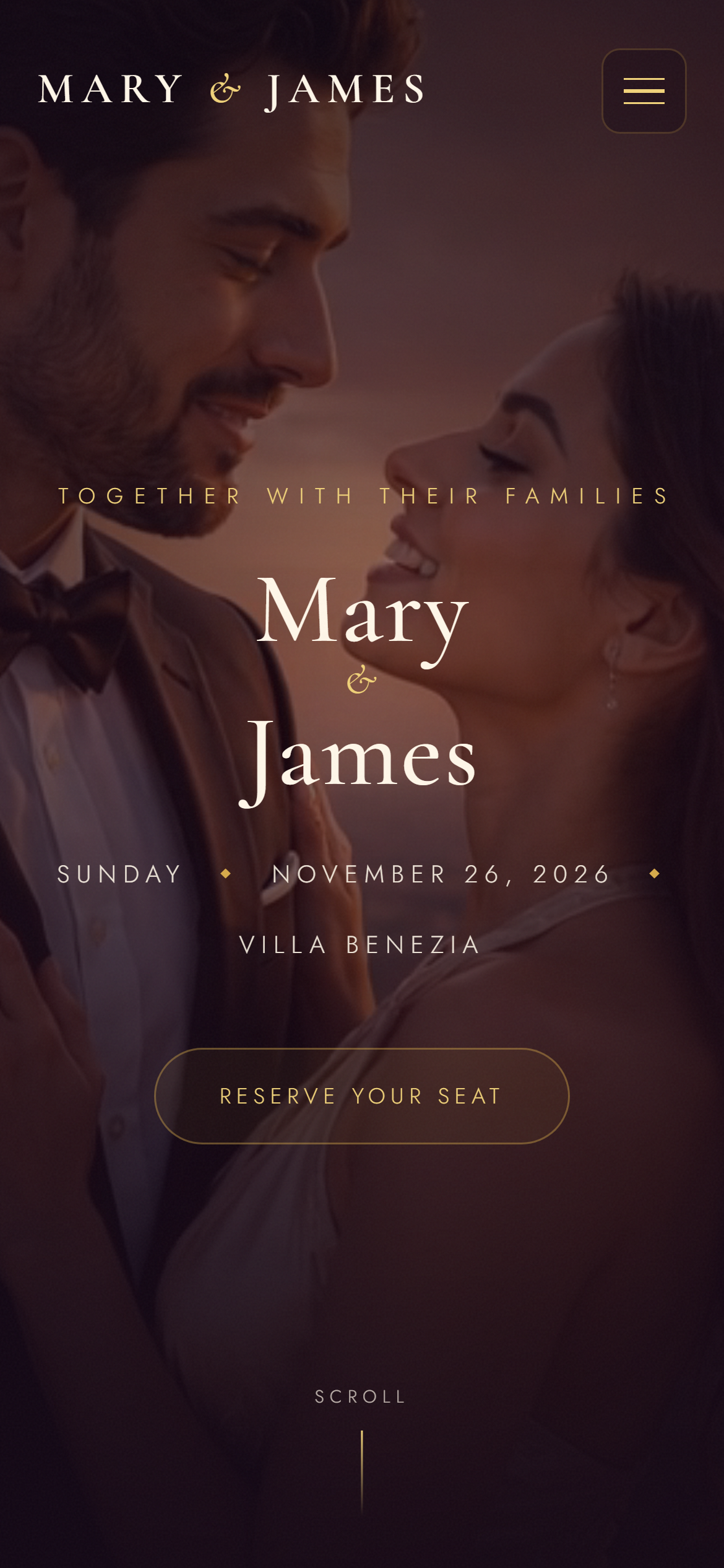 The Mary & James example wedding website shown on a phone.