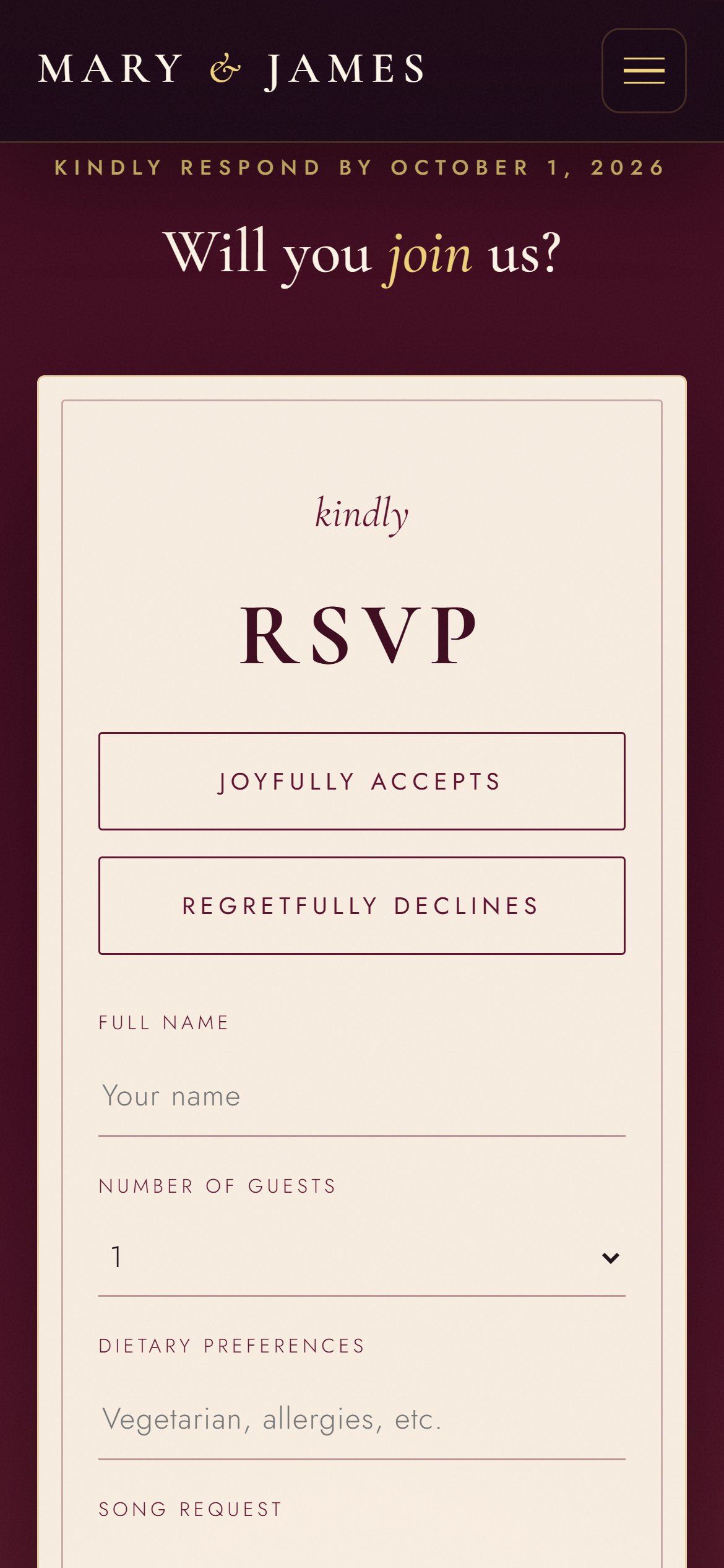 Mobile wedding RSVP preview for Vow Ledger Studio support context.