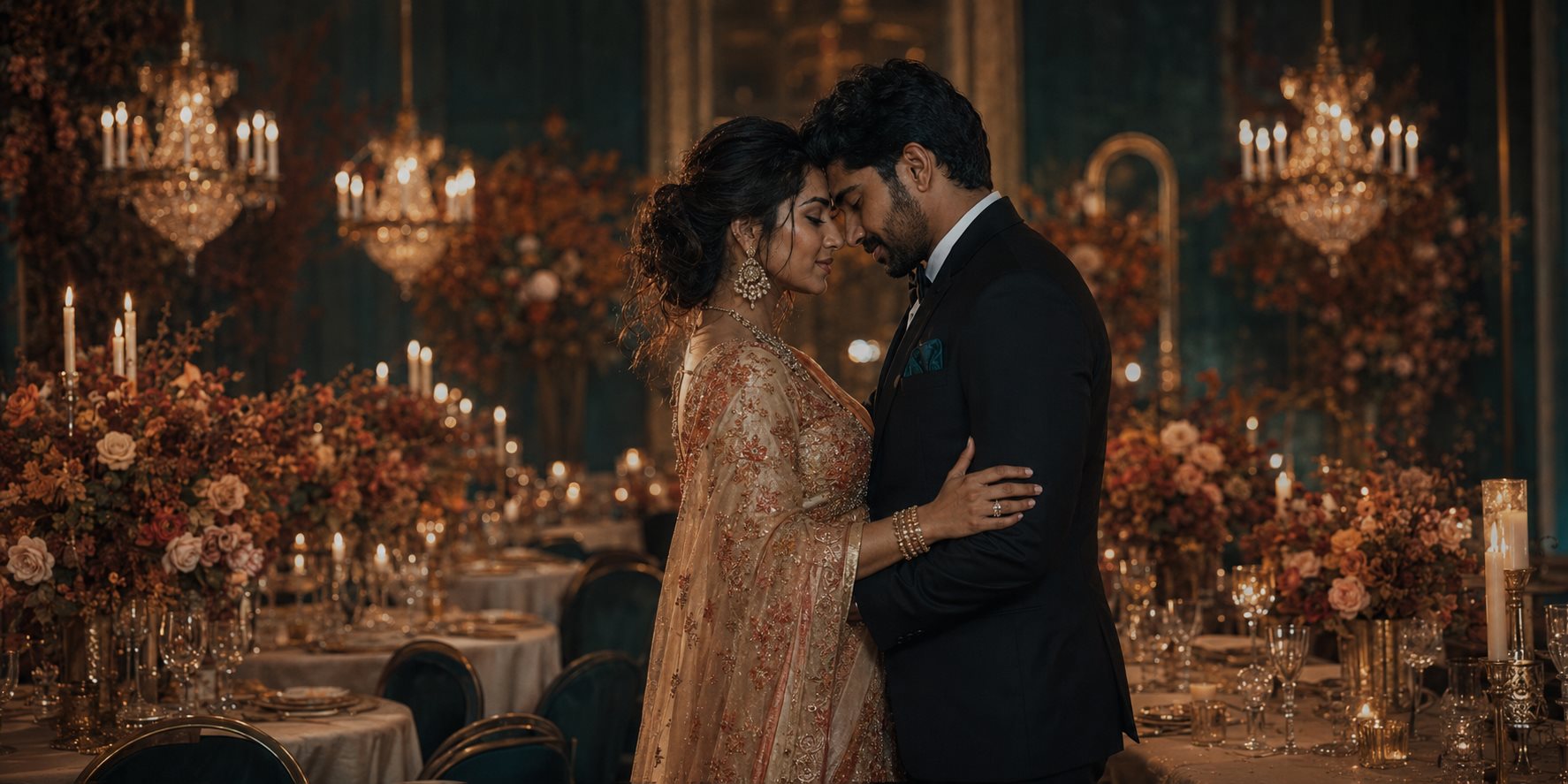 Meera and Zayn dancing in a candlelit ballroom beneath chandeliers