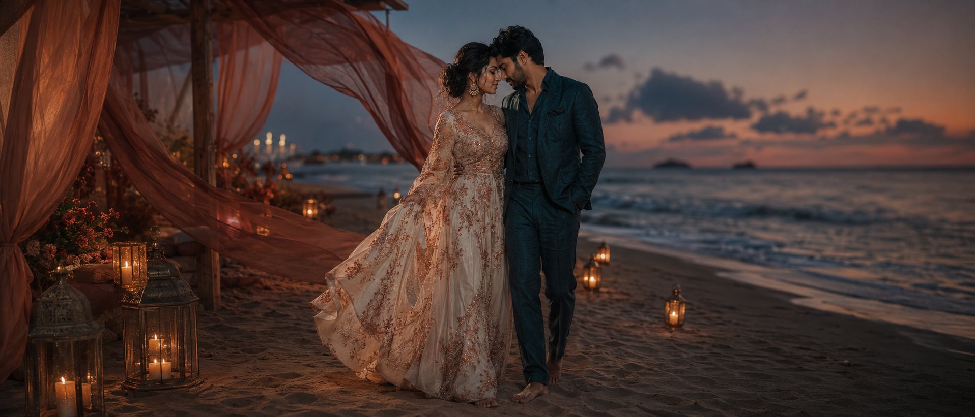 Meera and Zayn at a candlelit beach at dusk in Goa