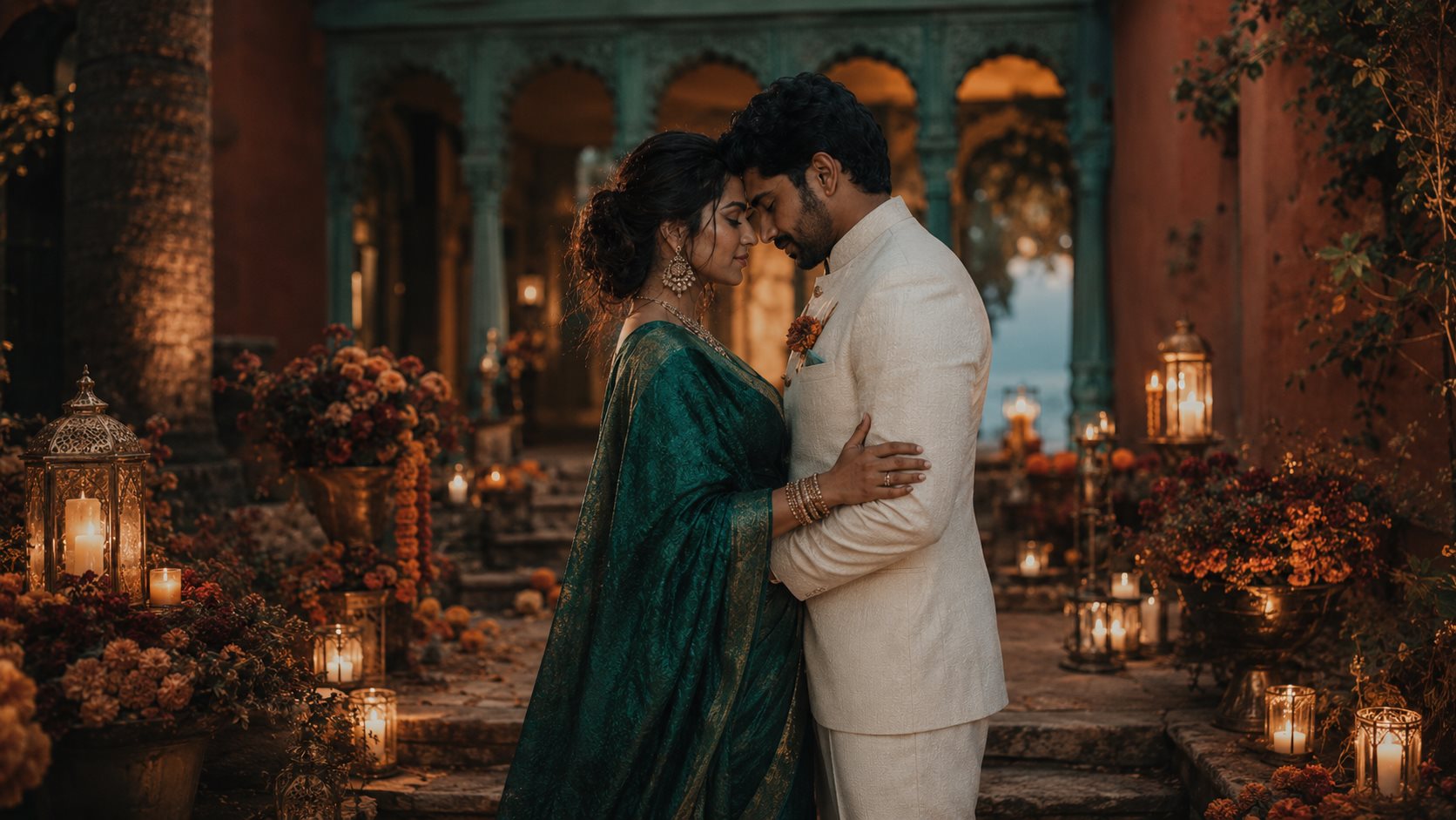Meera and Zayn embracing in a marigold-lit courtyard