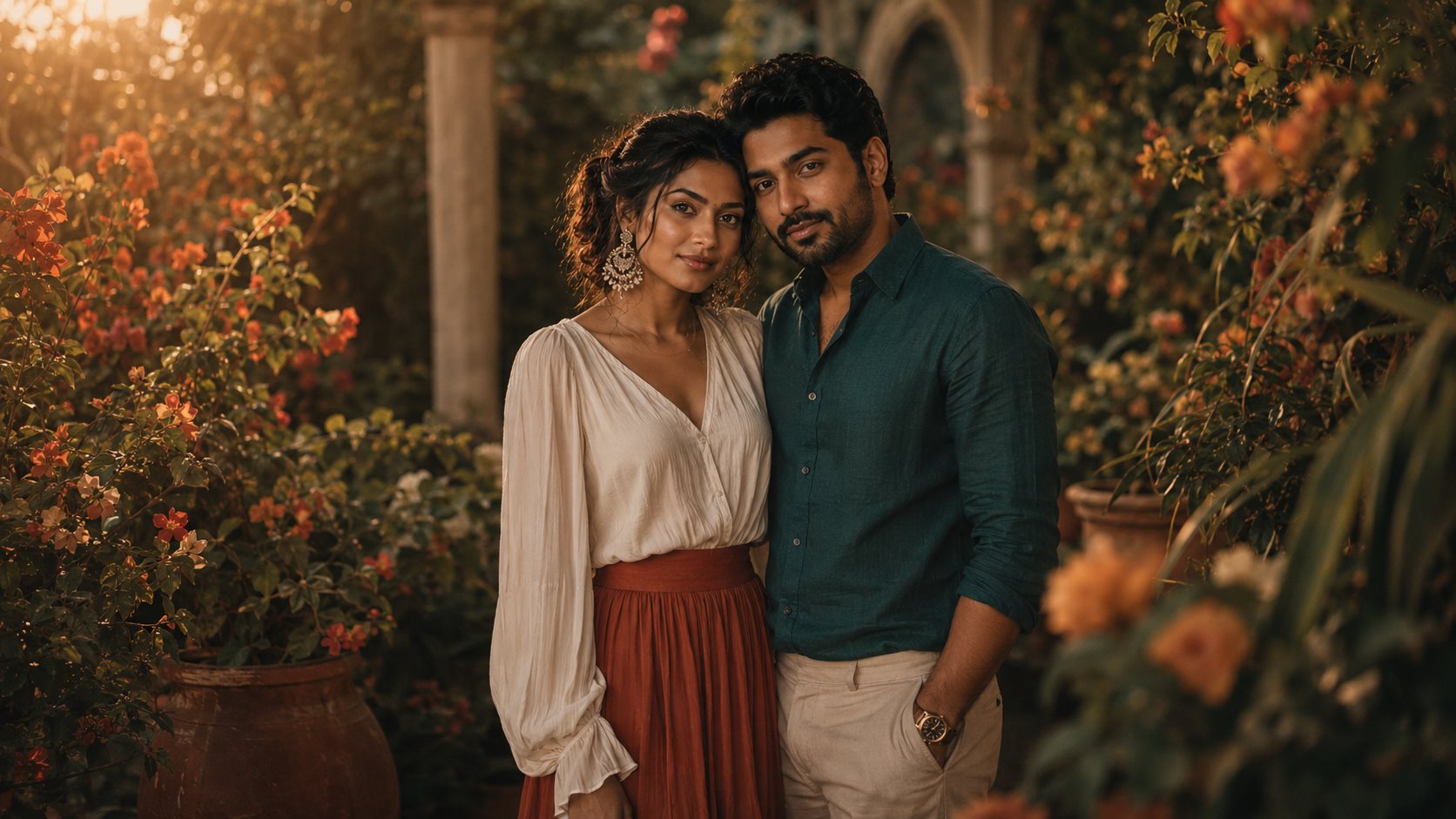 Meera and Zayn in a golden-hour garden
