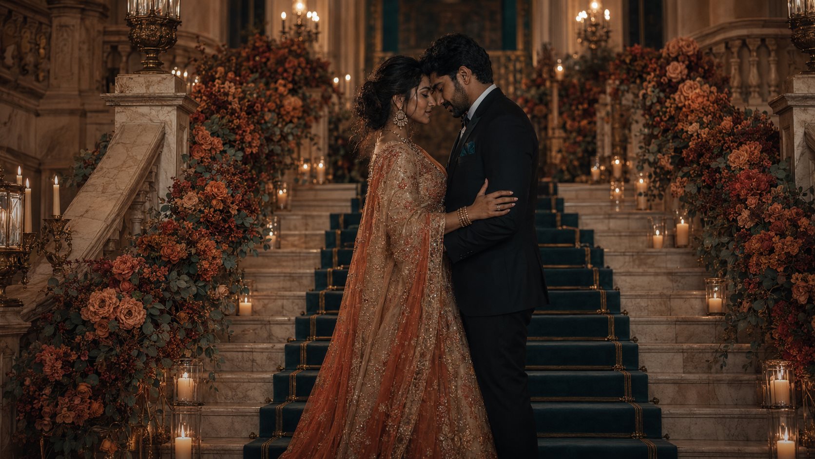 Meera and Zayn embracing on a grand floral staircase with a teal carpet