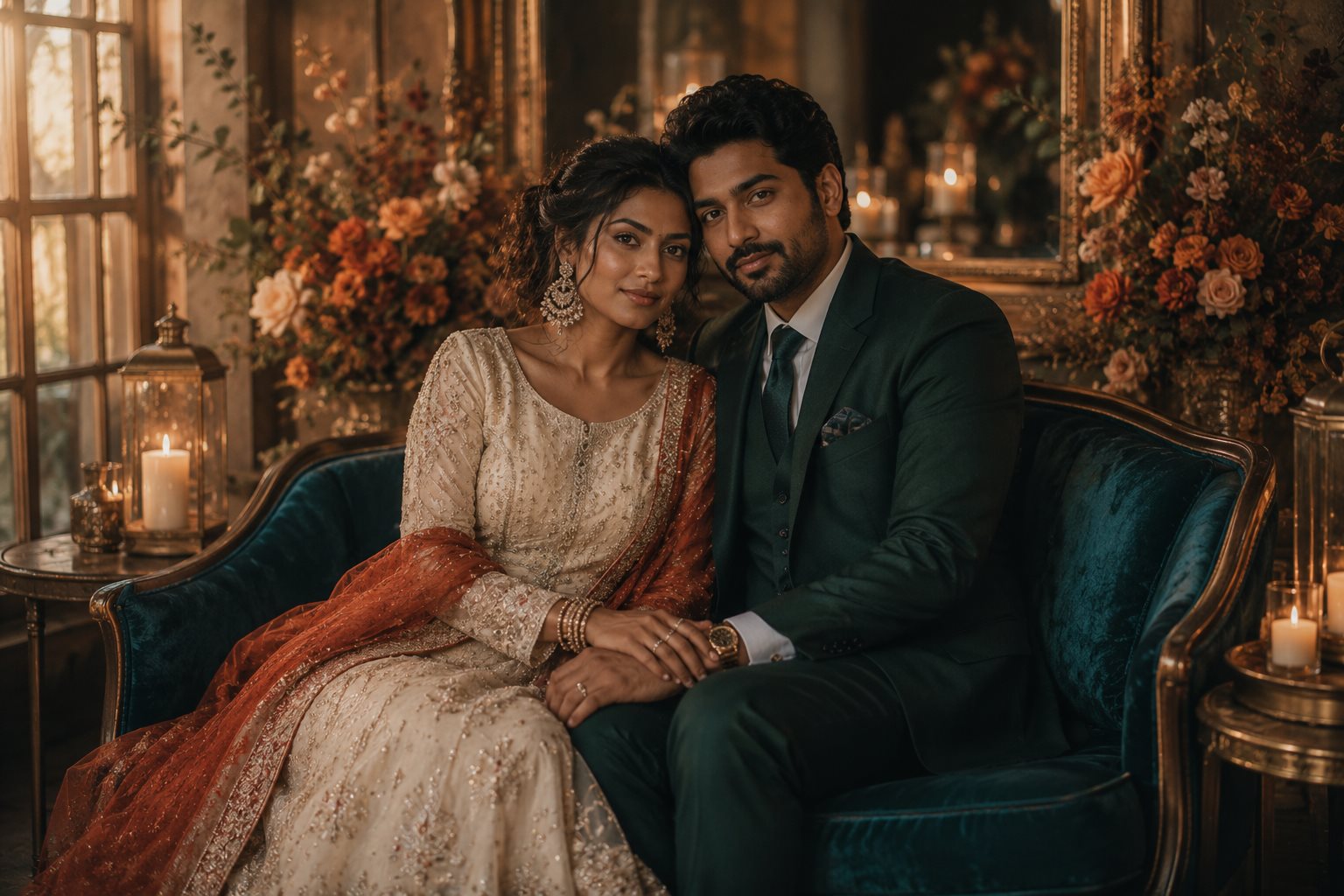 Meera and Zayn seated on a teal velvet sofa surrounded by autumn florals and candlelight