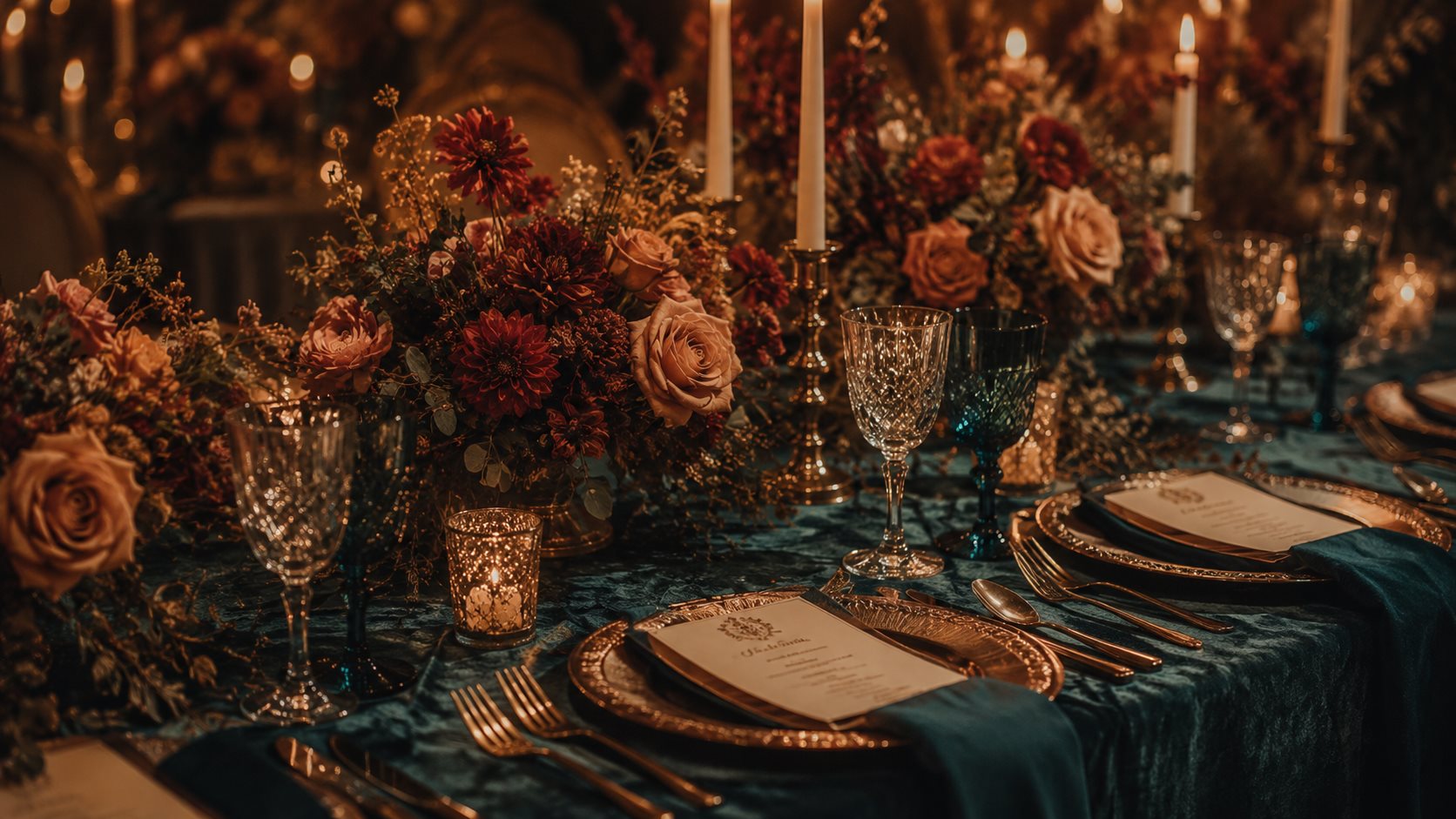A candlelit reception tablescape with teal velvet and terracotta florals
