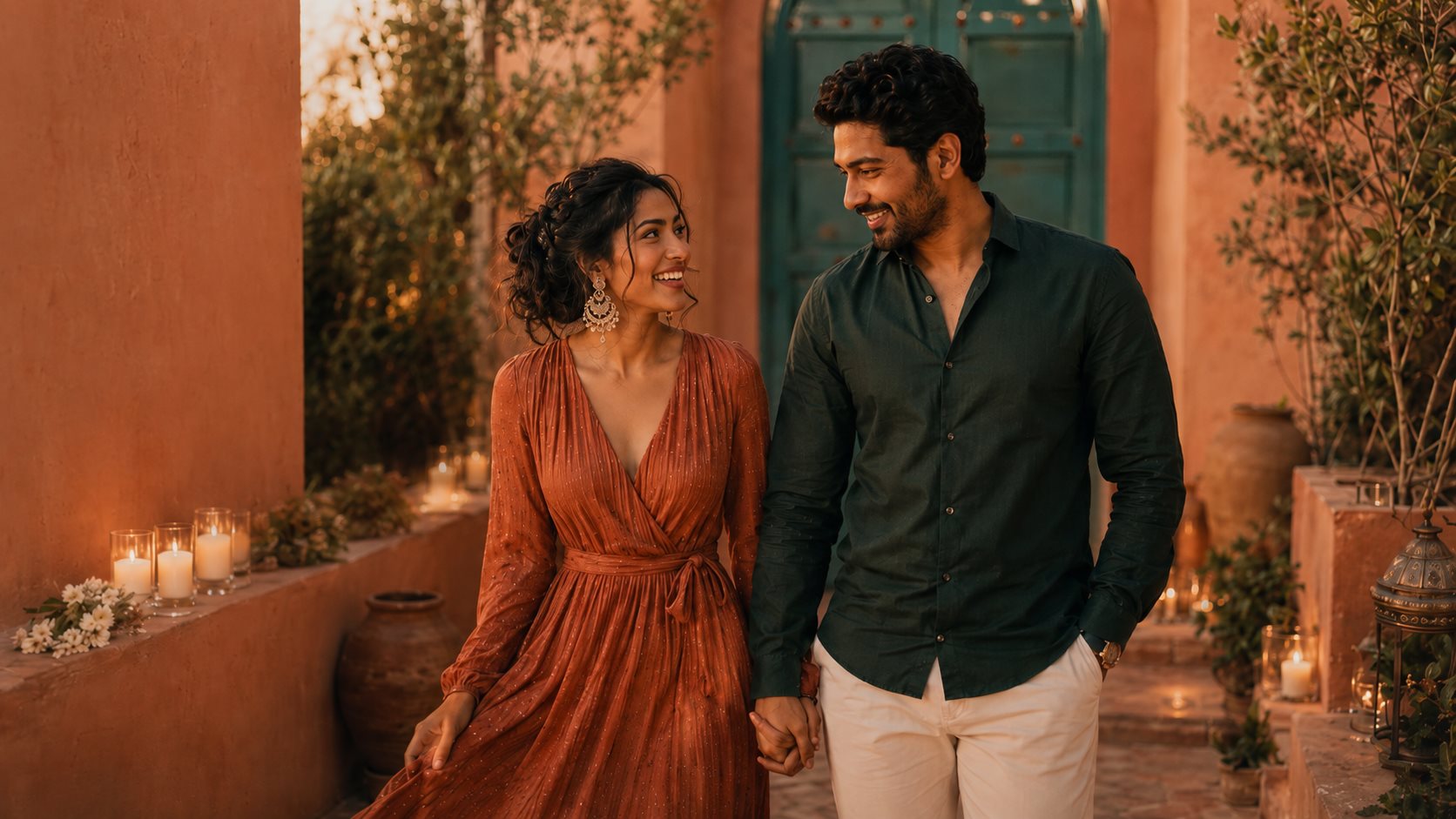 Meera and Zayn walking hand in hand past a teal door and terracotta wall