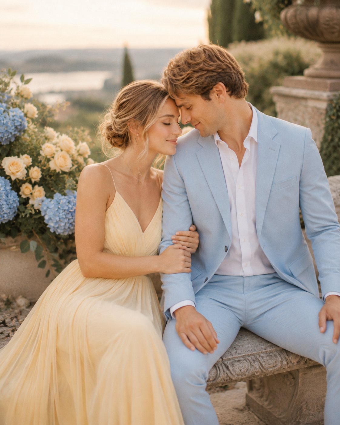 Emily and Jordan embracing among roses and hydrangeas