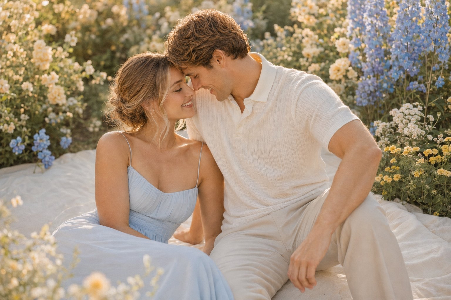 Emily and Jordan sitting together in a sunlit field of yellow and blue wildflowers