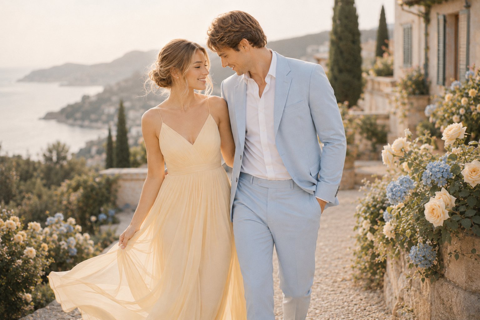 Emily and Jordan walking together on a cobblestone street